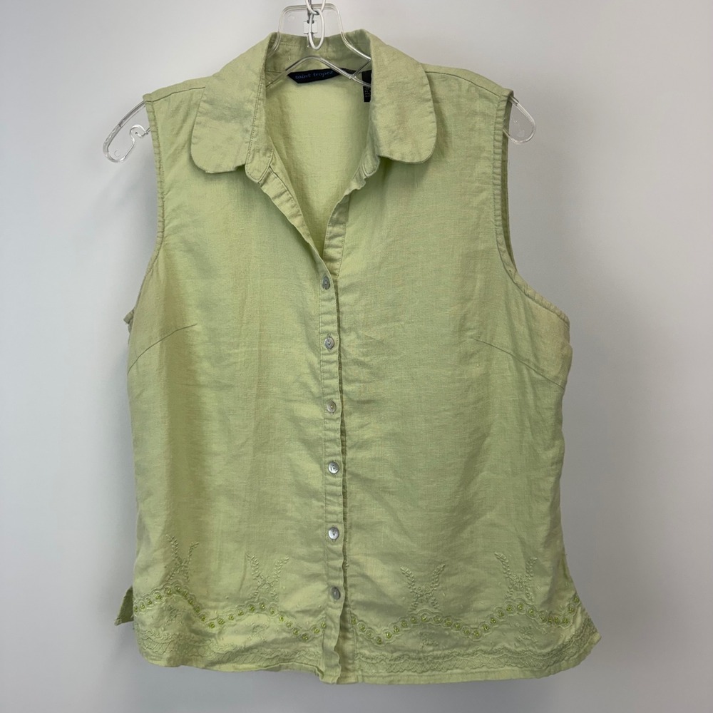 Saint Tropez West Womens Green 100% Linen Sleeveless Beaded Embroidered‎ Top L